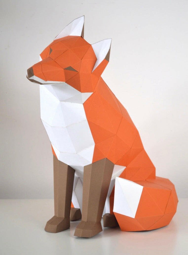 Fox Sitting - papercraft kit low-poly style