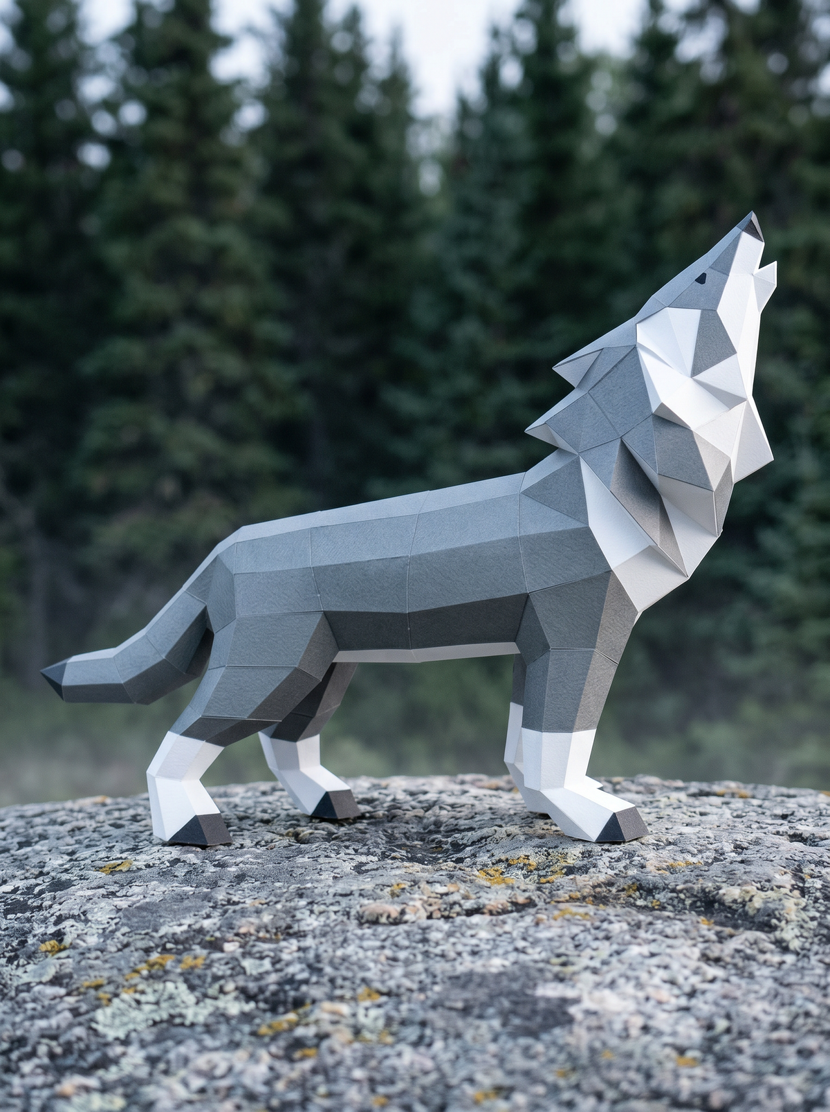 3D papercraft wolf model on a rock with a forest background